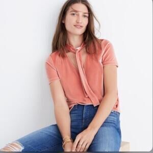 Madewell velvet tie neck top pink